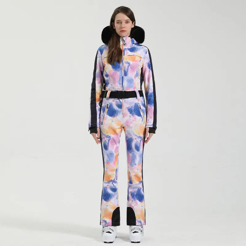 Unique Printed One-piece Ski Rompers Fur Hooded Snowsuits