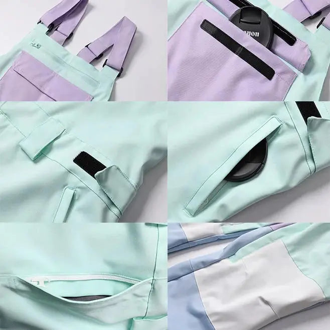 Cool Women Color Block Ski Overall Bib Pants With Adjustable Strap