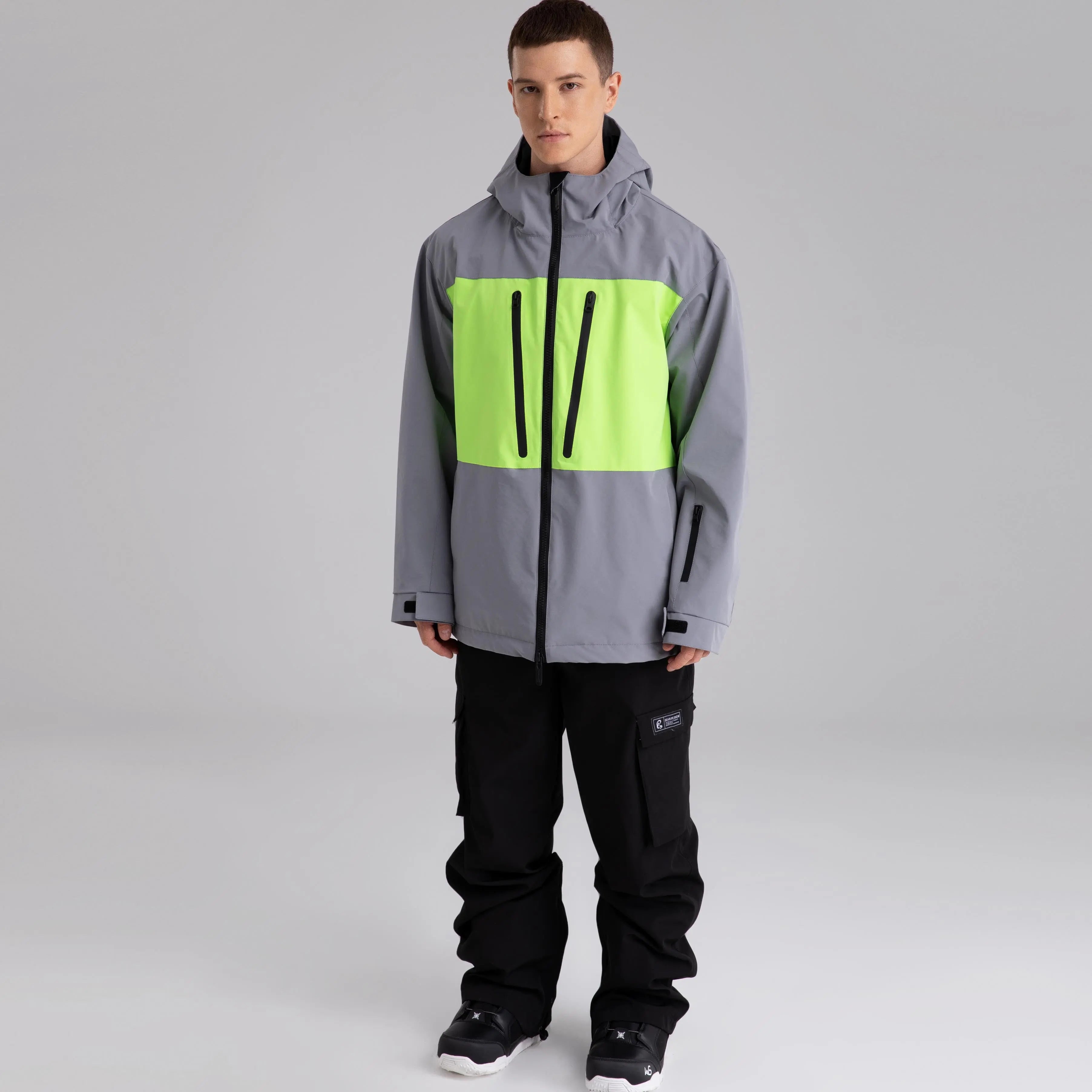 Men Neon Colorblock Hooded Ski Jacket&nbsp;Durable Snow Coat