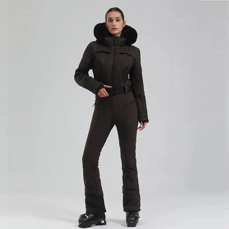 Extremely Warm One-piece Snowsuits Women Hooded Fur Collar Ski Wear