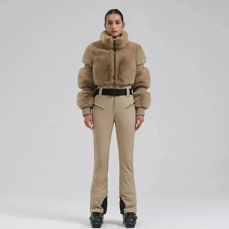 Ladies Tight One-piece Ski Jumpsuits High Pile Fleece Snowsuits