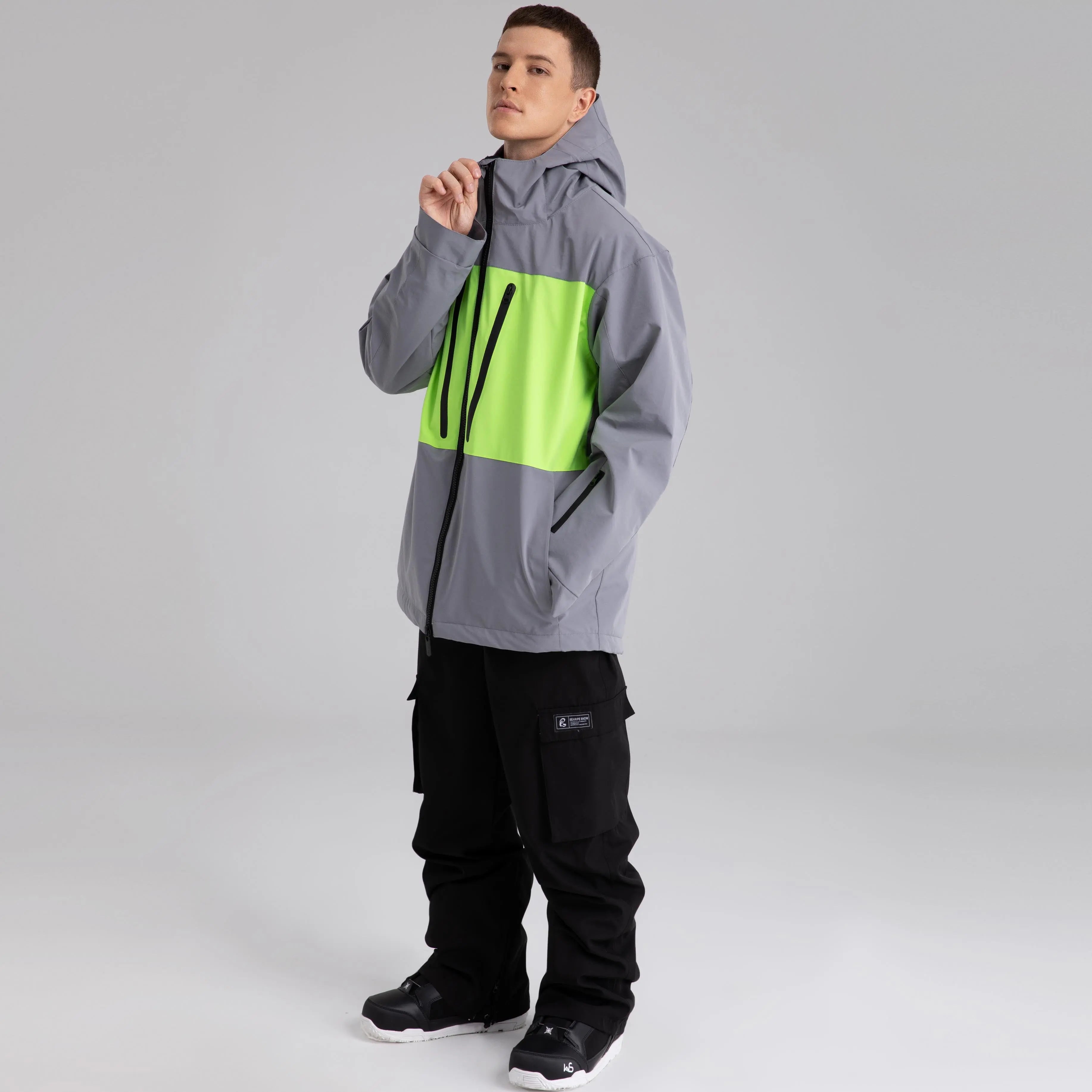Men Neon Colorblock Hooded Ski Jacket&nbsp;Durable Snow Coat