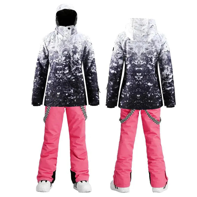 Matched Ski Jacket and Bibs Pants Set Female Colorful Prints Skiwear