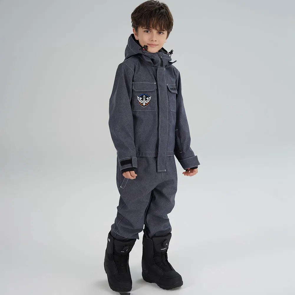 Kids' Demin One Piece Ski Jumpsuits Waterproof Hooded Snowsuits