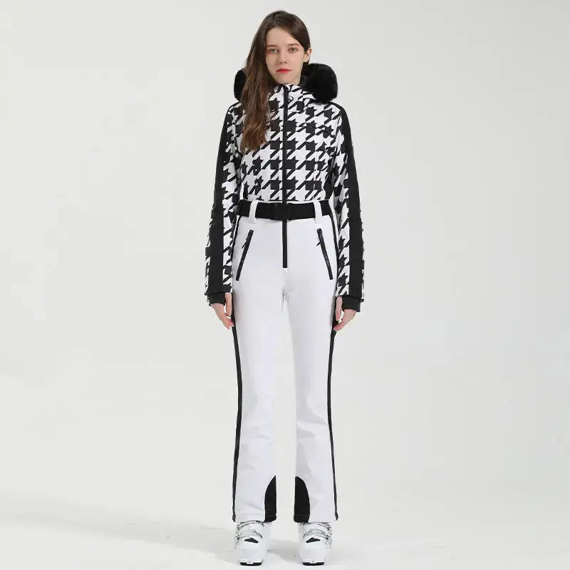 Women Chic One-piece Ski Jumpsuits Houndstooth Snow Outfits&nbsp;