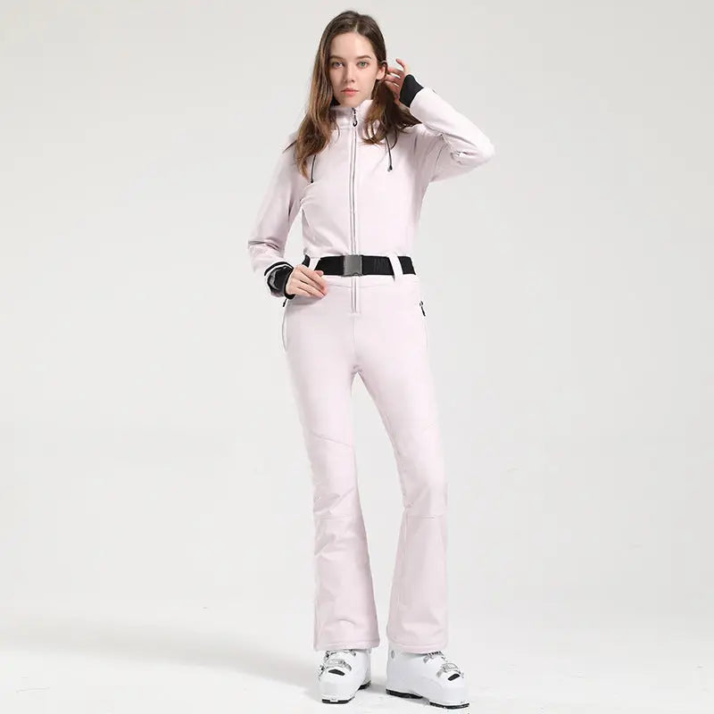 Women Hooded One Piece Ski Jumpsuits Belted Slim Fit Snowsuits Top Level