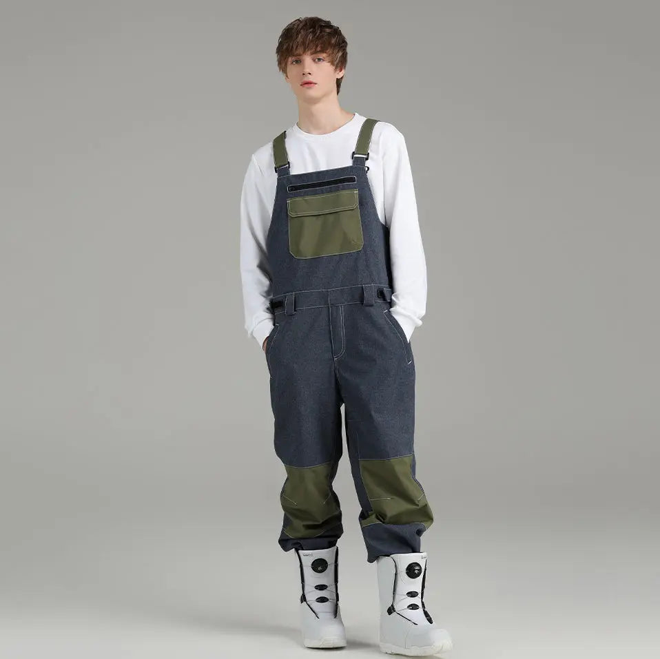 Men Denim Ski Bibs Pants Windproof One-piece Snowboard Trousers