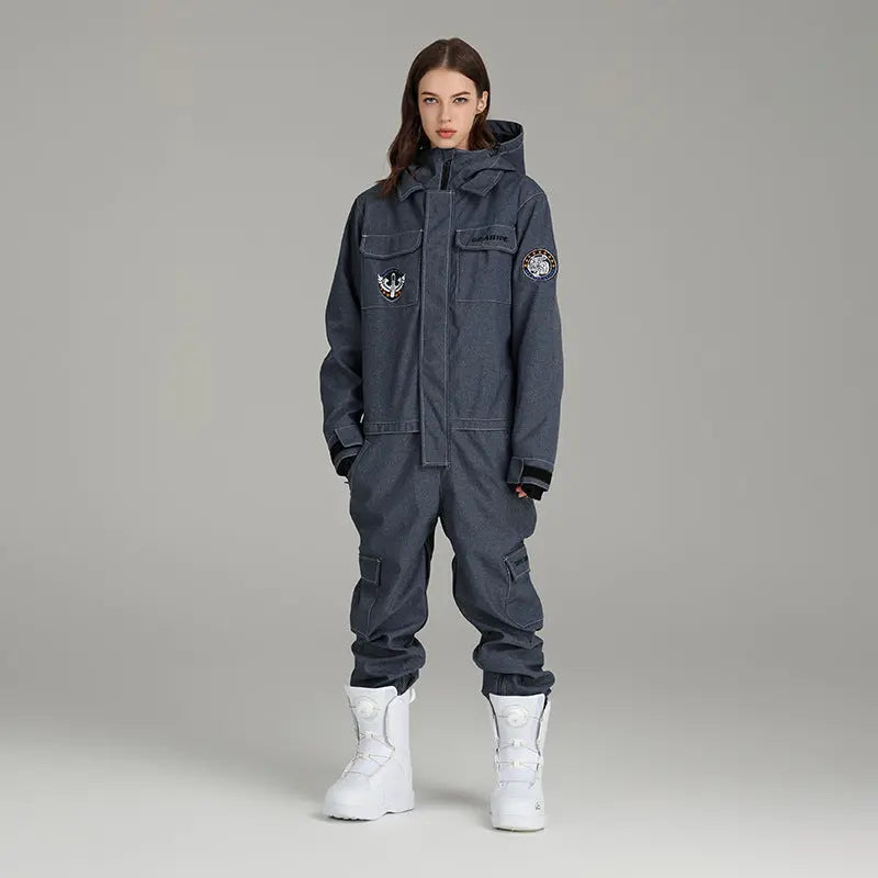 Women Hooded Denim Ski Jumpsuits Downhill One-piece Snowsuit