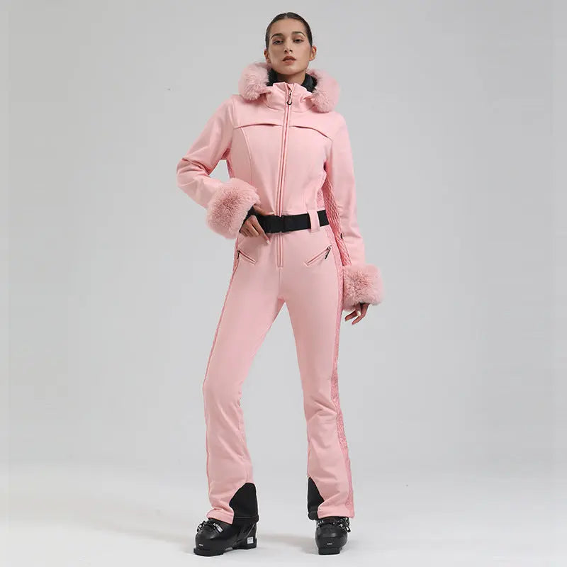 Chic Faux-Fur Hood One-piece Snowsuits Slim Fit Ski Jumpsuits