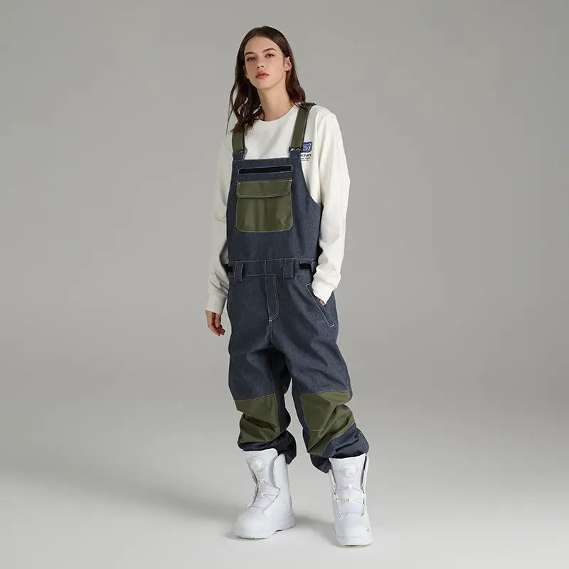 Hotian Women Colorblock Ski Snow Bibs Pants Windproof