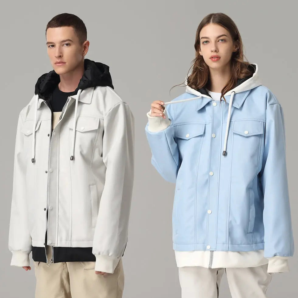 Unisex Contrast Hood Ski Jacket Multi-pocket Button-up Snowwear