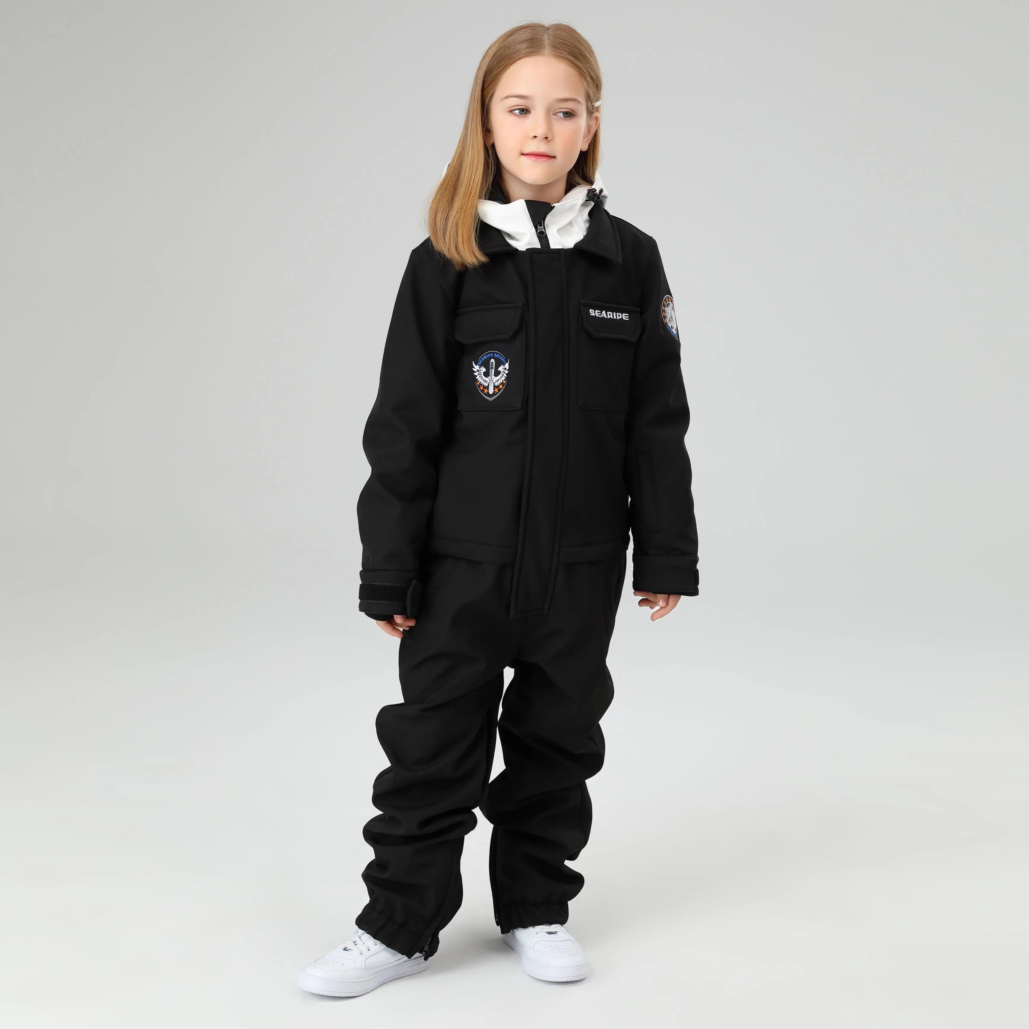 HOTIAN Girls Contrast Hooded Cargo One Piece Ski Jumpsuit With Side Zip