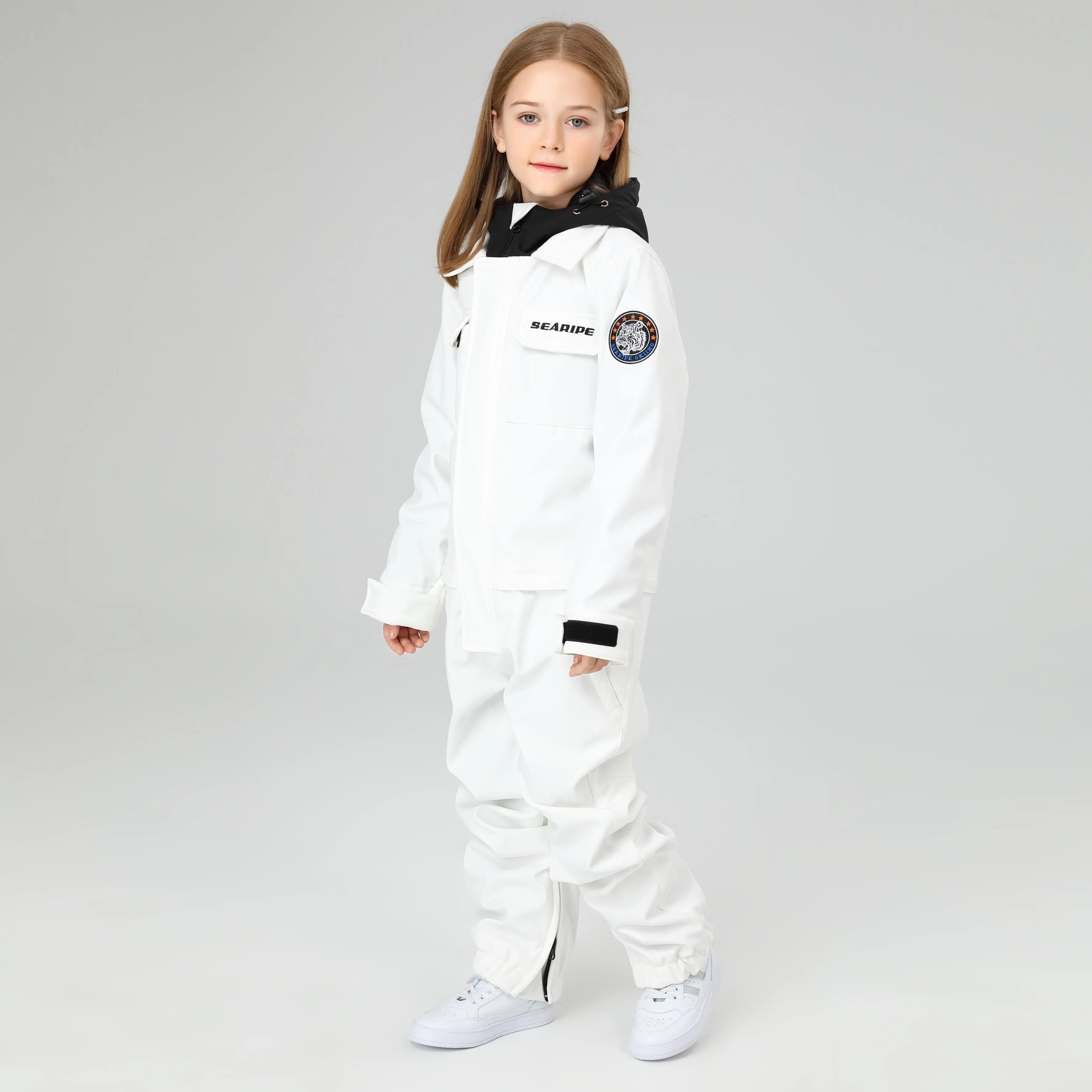 HOTIAN Girls Contrast Hooded Cargo One Piece Ski Jumpsuit With Side Zip