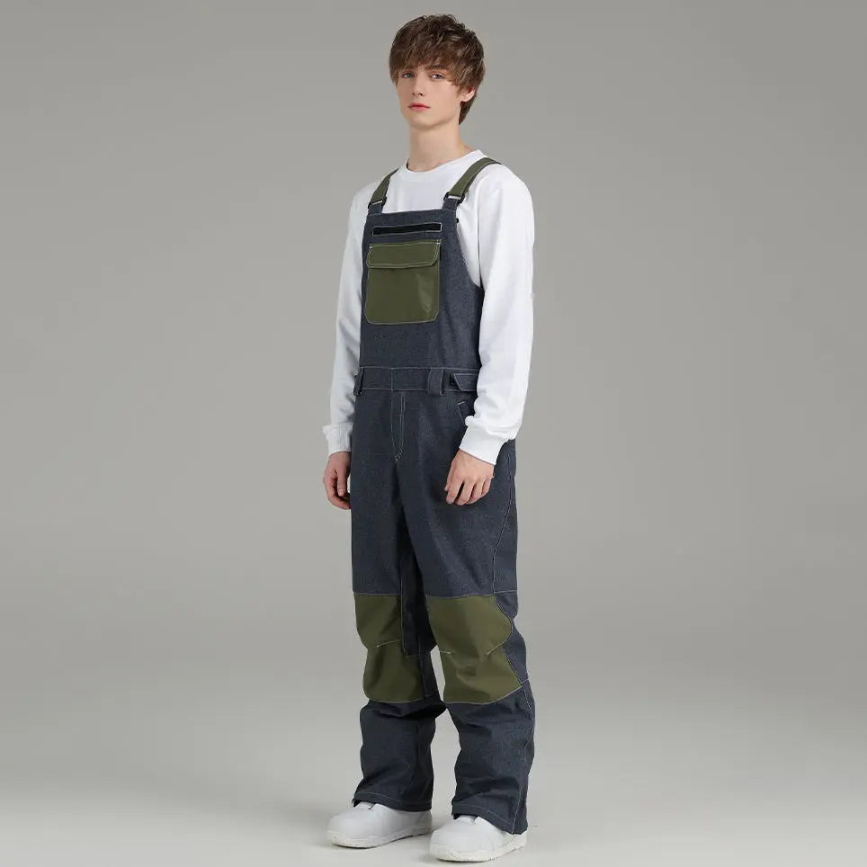 Men Denim Ski Bibs Pants Windproof One-piece Snowboard Trousers