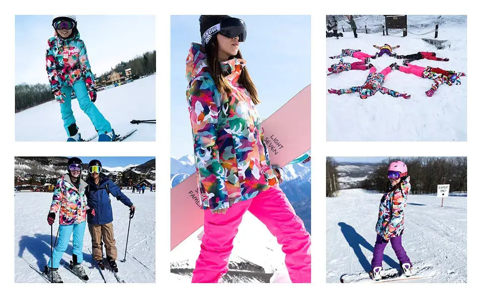 Women Hooded Ski Jacket & Bibs Pants Suits Printed Snowboard Outwear