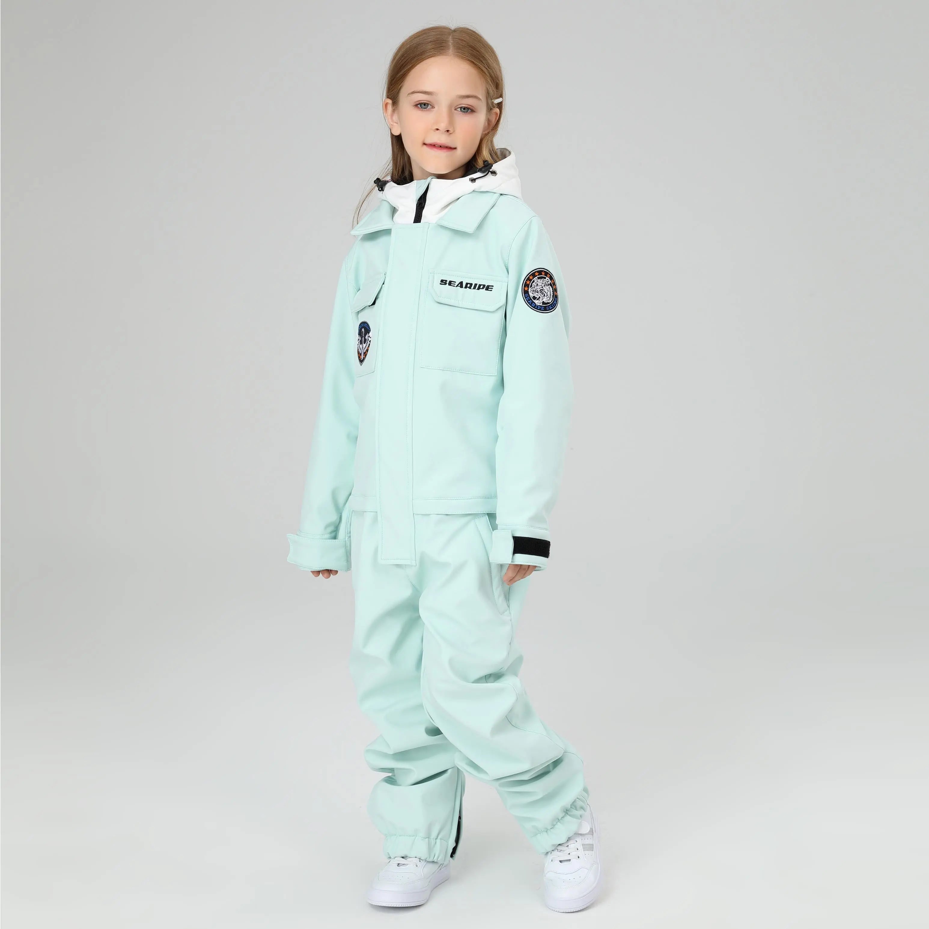 HOTIAN Girls Contrast Hooded Cargo One Piece Ski Jumpsuit With Side Zip