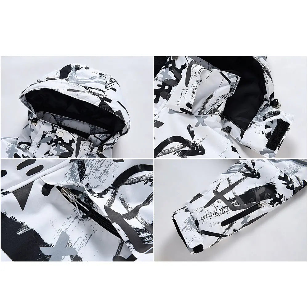 Matching Couple Graffiti Print Hooded Ski Cargo Jacket