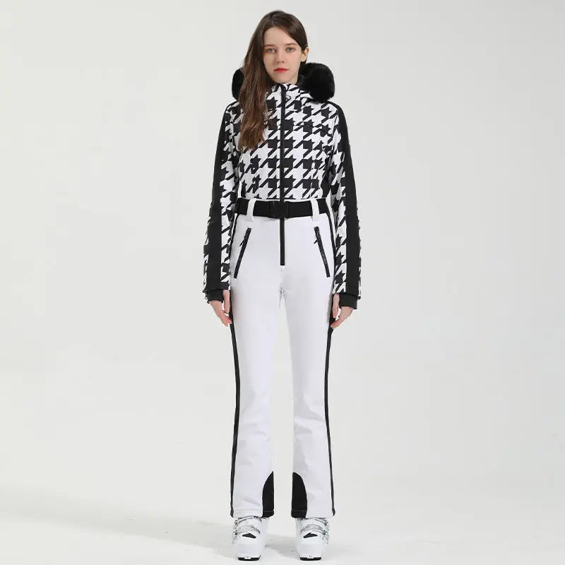 Unique Printed One-piece Ski Rompers Fur Hooded Snowsuits