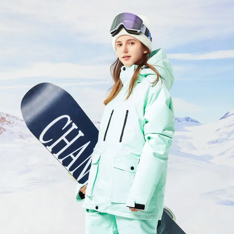 Classical Cargo Snowboarding Jacket Women Solid Color Ski Coat