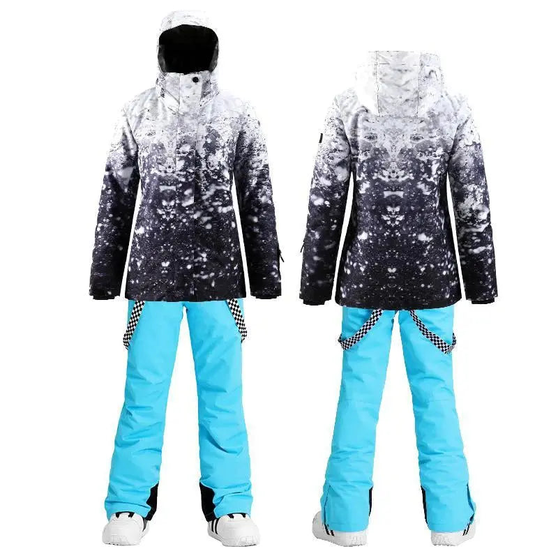 Matched Ski Jacket and Bibs Pants Set Female Colorful Prints Skiwear