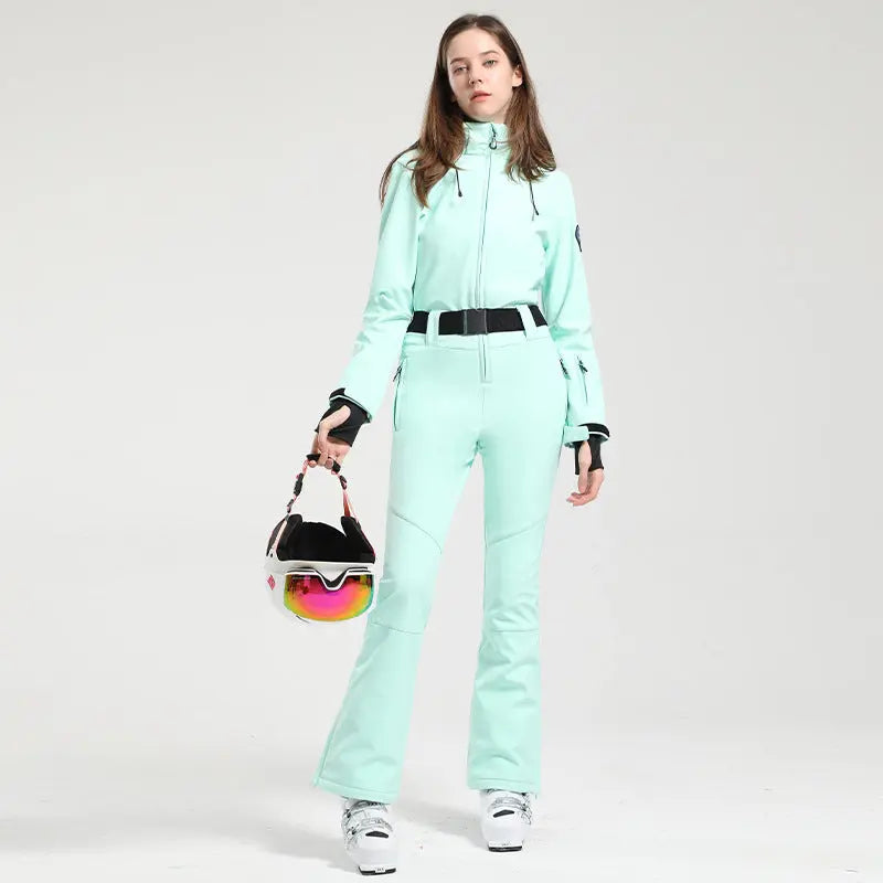 Women Hooded One Piece Ski Jumpsuits Belted Slim Fit Snowsuits Top Level