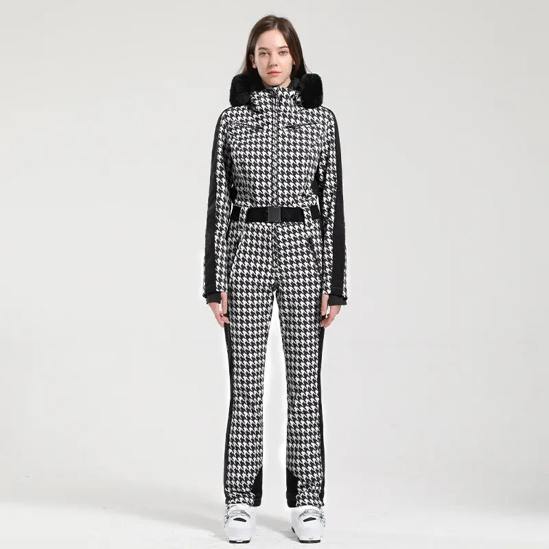 Unique Printed One-piece Ski Rompers Fur Hooded Snowsuits