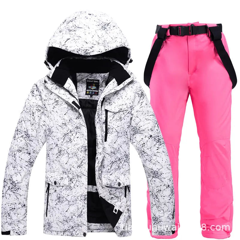 Unisex Marble Pattern Hooded Snowboard Ski Jacket and Pants Set