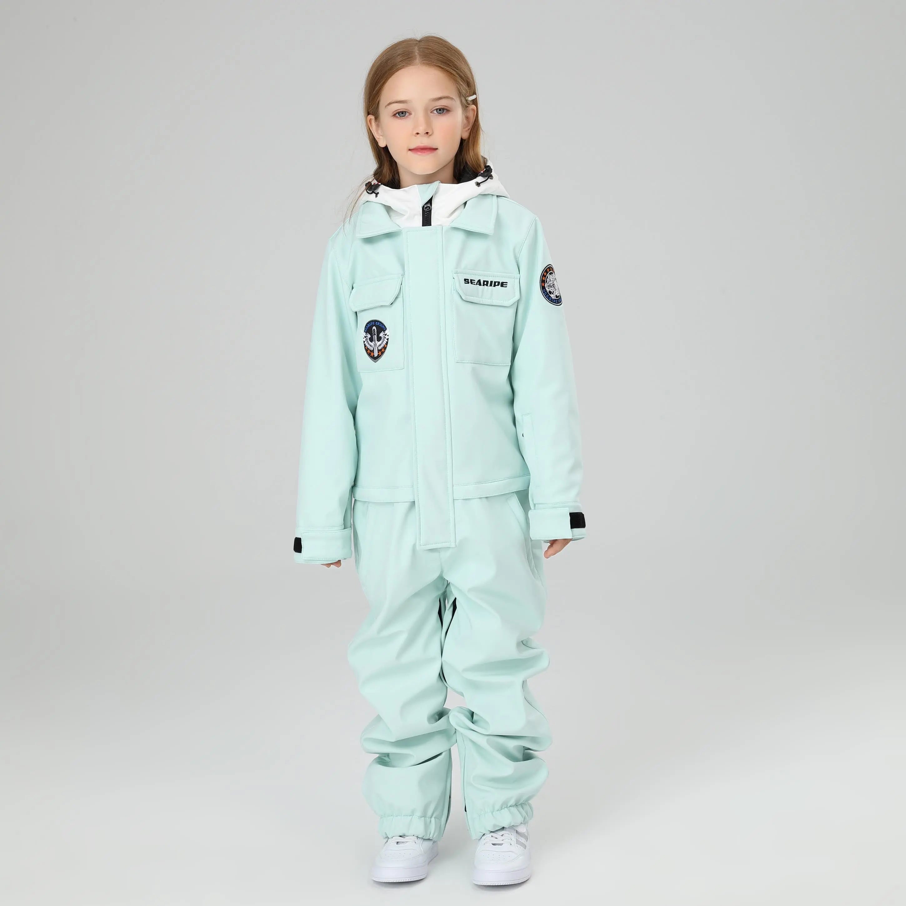 HOTIAN Girls Contrast Hooded Cargo One Piece Ski Jumpsuit With Side Zip