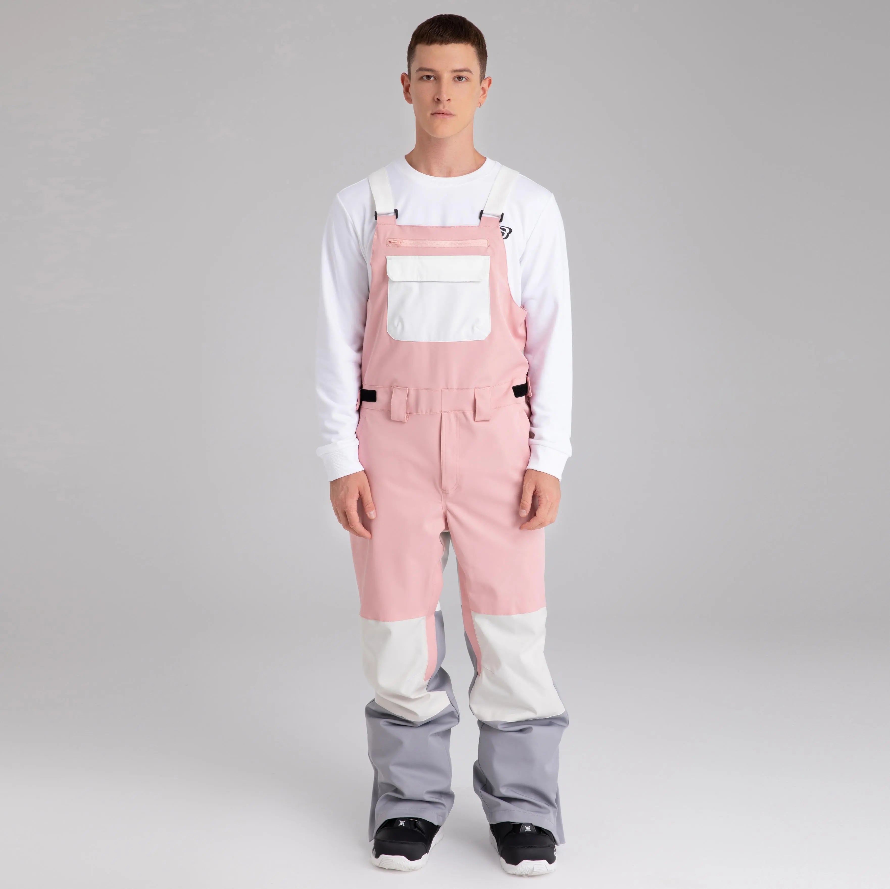 Adult Color Block Ski Overalls Bib Pants With Adjustable Strap