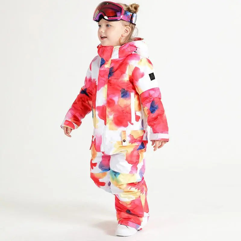 Kids Flower Printed One Piece Ski Suit
