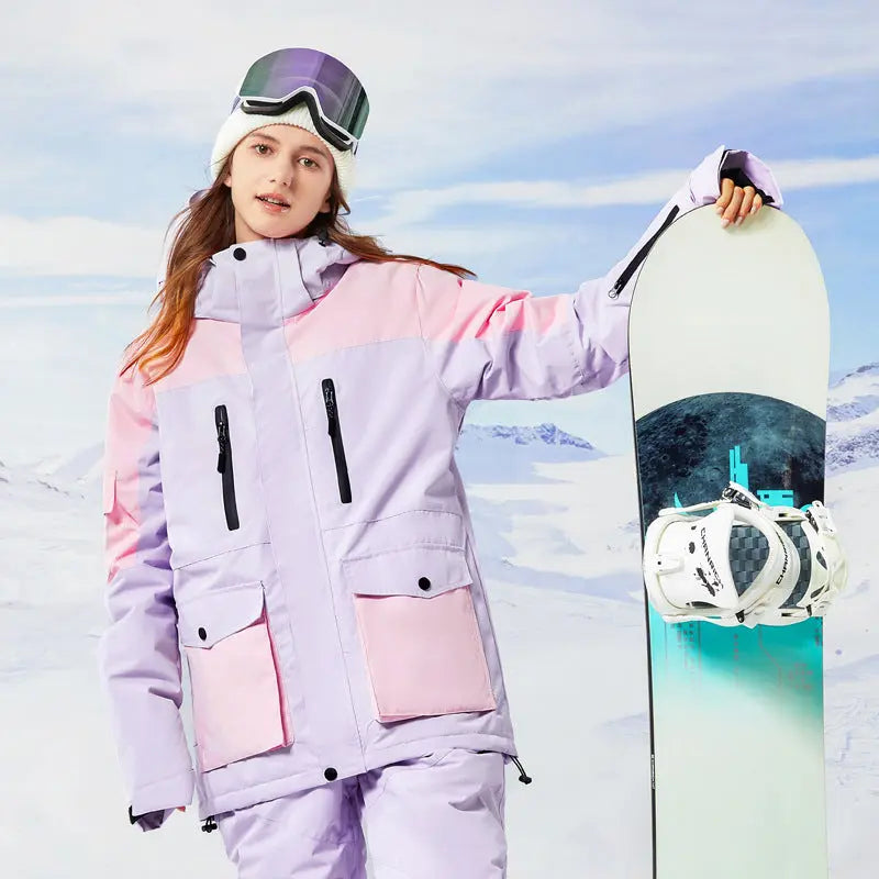 Women Hooded Snowboard Jacket Cargo Pockets Ski Coat
