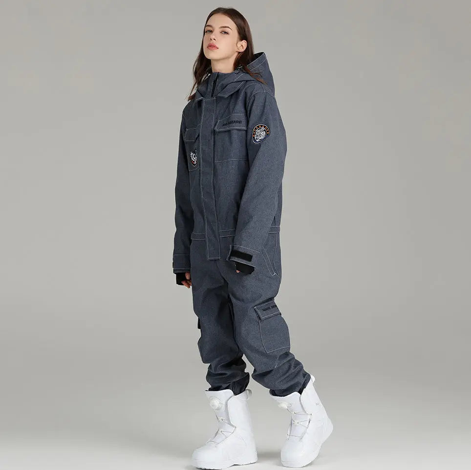 Women Hooded Denim Ski Jumpsuits Downhill One-piece Snowsuit
