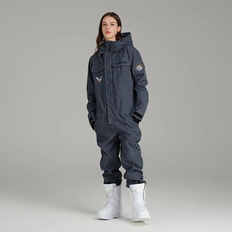 Women Hooded Denim Ski Jumpsuits Downhill One-piece Snowsuit