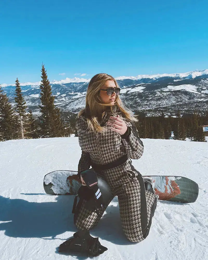 Women Chic One-piece Ski Jumpsuits Houndstooth Snow Outfits&nbsp;