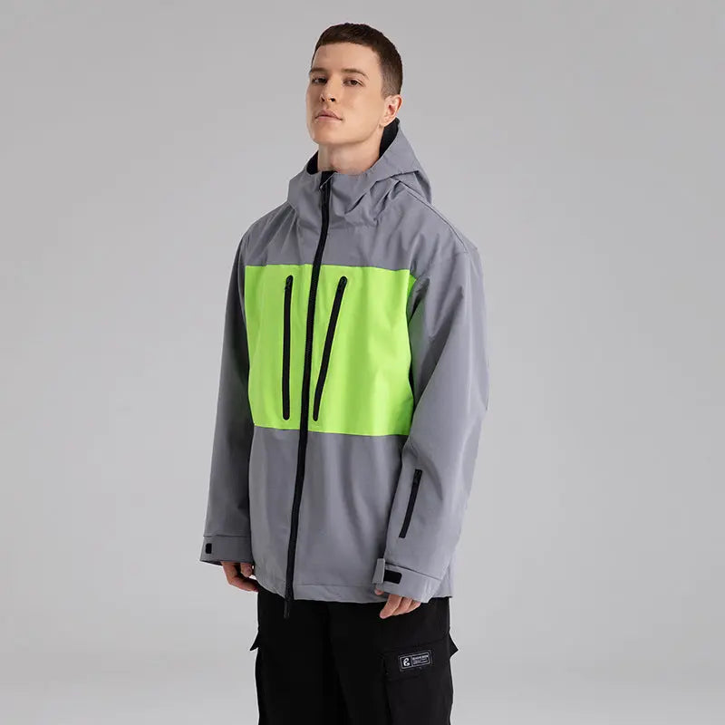 Men Neon Colorblock Hooded Ski Jacket&nbsp;Durable Snow Coat