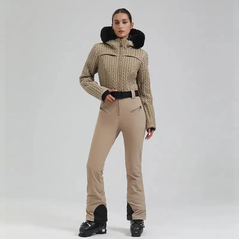 Extremely Warm One-piece Snowsuits Women Hooded Fur Collar Ski Wear