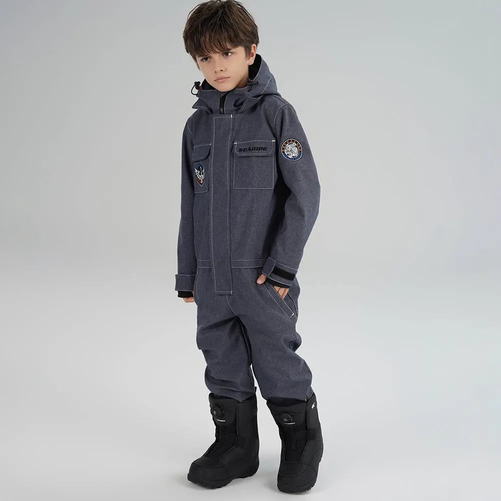 Kids' Demin One Piece Ski Jumpsuits Waterproof Hooded Snowsuits