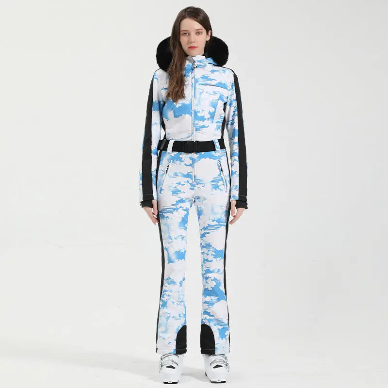 Unique Printed One-piece Ski Rompers Fur Hooded Snowsuits