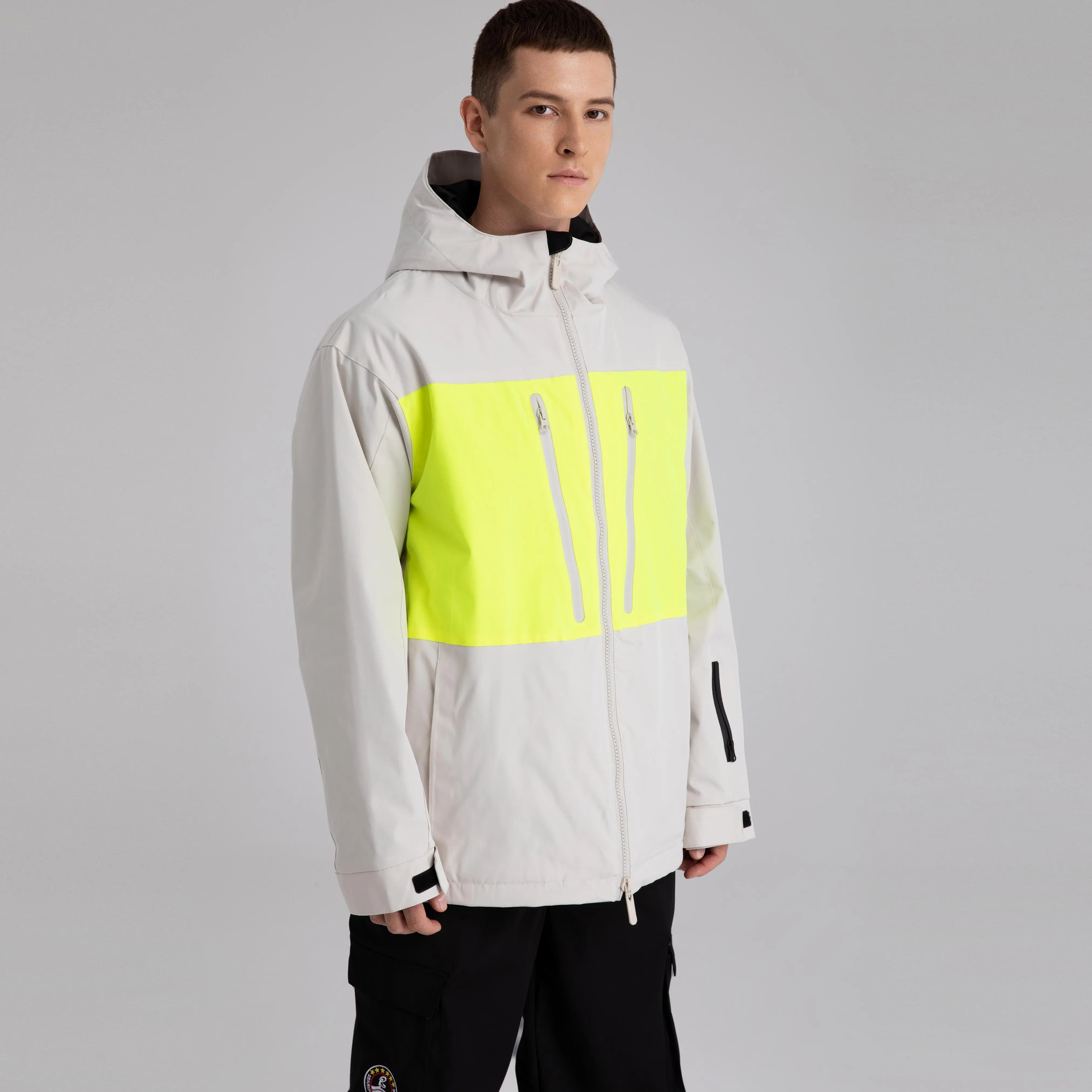 Men Neon Colorblock Hooded Ski Jacket&nbsp;Durable Snow Coat