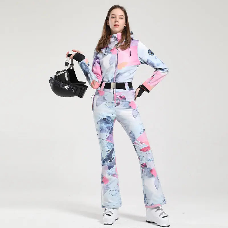Women Hooded One Piece Ski Jumpsuits Belted Slim Fit Snowsuits Top Level