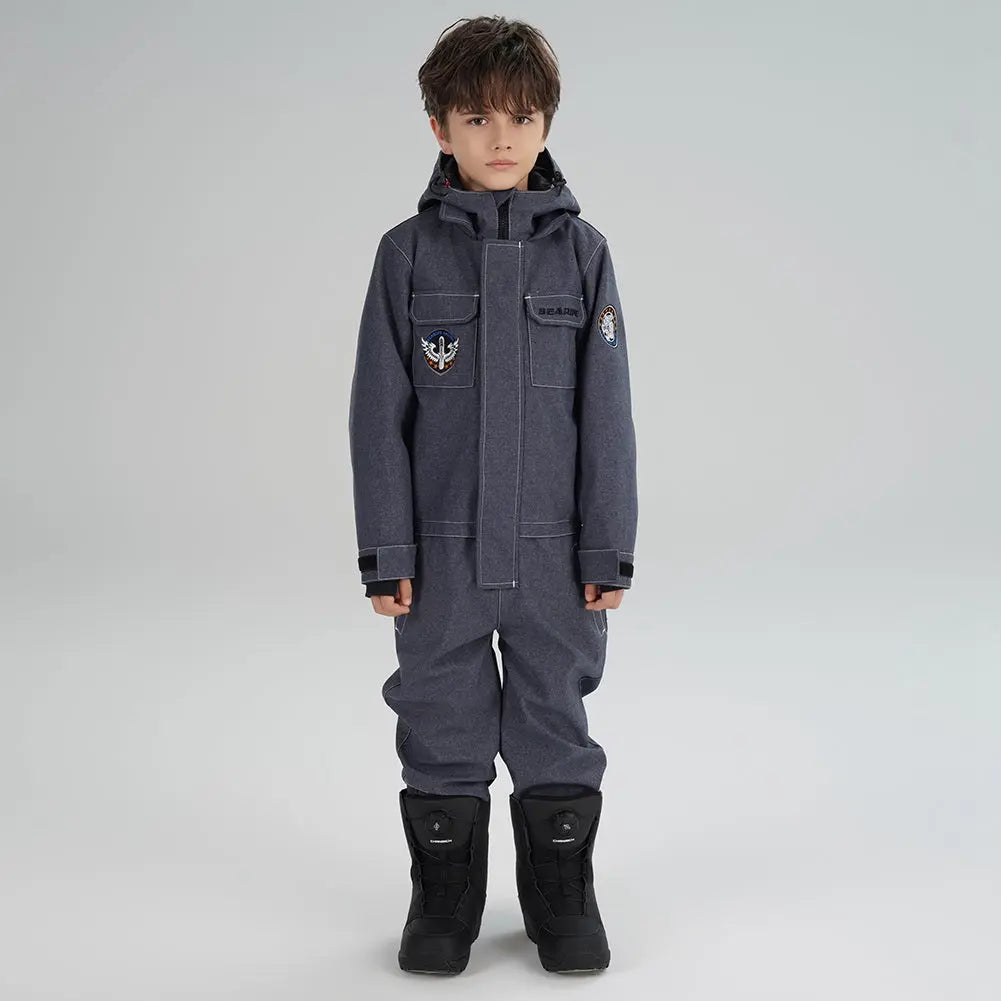 Kids' Demin One Piece Ski Jumpsuits Waterproof Hooded Snowsuits