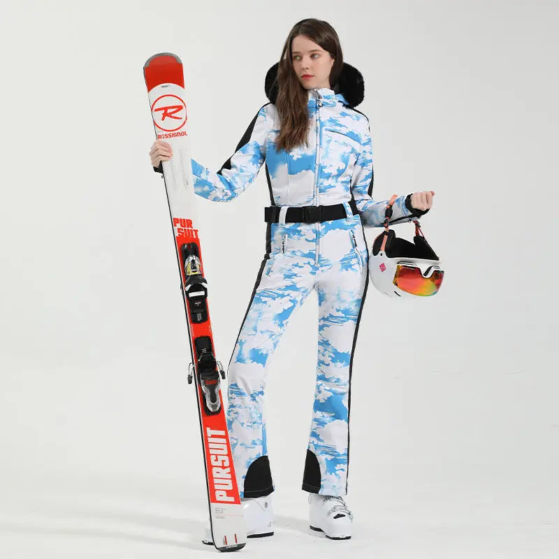 Unique Printed One-piece Ski Rompers Fur Hooded Snowsuits