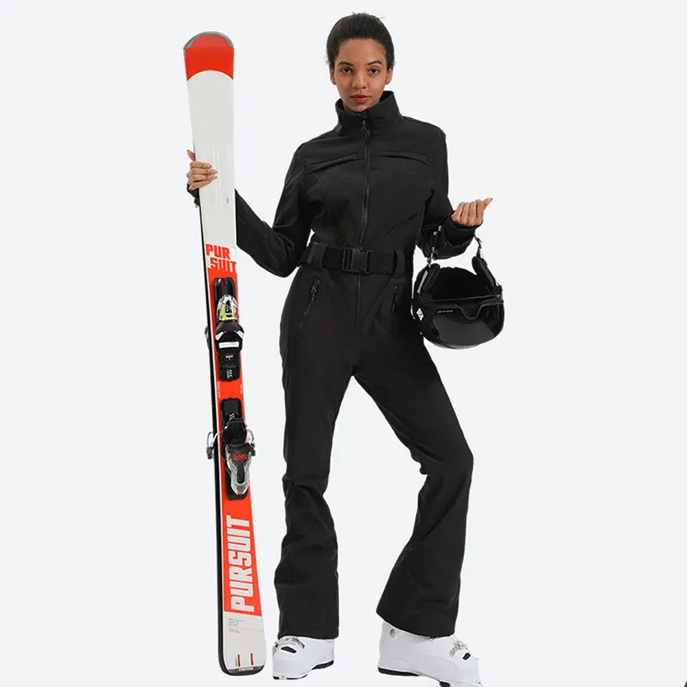 Slim Fit One Piece Ski Suit Belted Outdoor Snow Jumpsuits