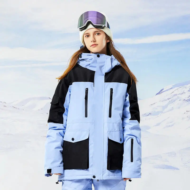 Women Hooded Snowboard Jacket Cargo Pockets Ski Coat